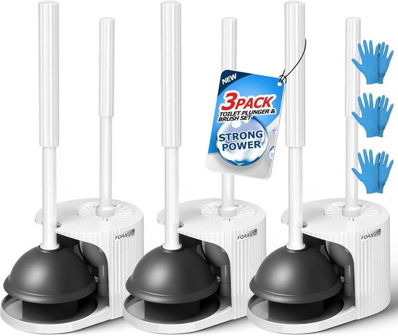 FORASTO 3Pack 2 in 1 Toilet Brush and Plunger Set, Extended Handle Plunger,Toilet Bowl Brush Plunger Set,Bathroom Cleaning Tools,Toilet Brush Plunger Combo,Cleaning Brush,Cleaning Supplies, White - Image 1